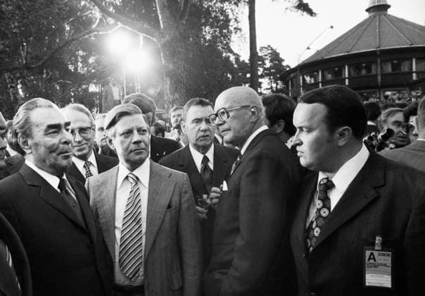 July 30 - August 1, 1975. Helsinki, Finland. Head of the Soviet delegation, General Secretary of the Communist Party of the Soviet Union Leonid Brezhnev, head of the German delegation, Federal Chancellor of the Federal Republic of Germany Helmut Schmidt, President of Finland Urho Kaleva Kekkonen (L-R front) and member of the Soviet Union delegation, Soviet Foreign Minister Andrei Gromyko (C back) take part in the final stage of the Conference on Security and Cooperation in Europe. The exact date of the photograph is unknown. Vladimir Musaelyan, Valentin Sobolev TASS  32033528