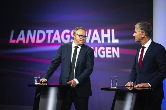 2024 LANDTAGSWAHL THÜRINGEN - MDR FAKT IST - WAHLRUNDE MIT DEN SPITZENKANDIDATEN ** NUR FÜR REDAKTIONELLE ZWECKE ** EDITORIAL USE ONLY **<p>15 08 2024-Erfurt: 2024 Landtagswahl Thüringen - Wahl 2024 - MDR-Sendung Fakt Ist - Wahlrunde mit den Spitzenkandidaten. im Foto: Mario Voigt (CDU) und Björn Höcke (AfD), rechts, kurz vor Beginn der Sendung ( Deutschland Thueringen Erfurt Copyright: SaschaxFromm *** 2024 LANDTAGSWAHL THÜRINGEN MDR FAKT IST WAHLRUNDE MIT DEN SPITZENKANDIDATEN FOR EDITORIAL PURPOSES ONLY p 15 08 2024 Erfurt 2024 Landtagswahl Thüringen Wahl 2024 MDR Sendung Fakt Ist Wahlrunde mit den Spitzenkandidaten im Foto Mario Voigt CDU und Björn Höcke AfD , rechts, kurz vor Beginn der Sendung Deutschland Thueringen Erfurt Copyright: SaschaxFromm doc7wr6w8xt48m1neesdbu0 ,EDITORIAL USE ONLY