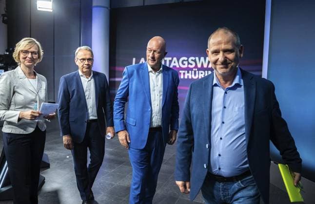 2024 LANDTAGSWAHL THÜRINGEN - MDR FAKT IST - WAHLRUNDE MIT DEN SPITZENKANDIDATEN ** NUR FÜR REDAKTIONELLE ZWECKE ** EDITORIAL USE ONLY **<p>15 08 2024-Erfurt: 2024 Landtagswahl Thüringen - Wahl 2024 - MDR-Sendung Fakt Ist - Wahlrunde mit den Spitzenkandidaten. im Foto: v.l. Katja Wolf (BSW), Georg Maier (SPD), Thomas L. Kemmerich (FDP), Bernhard Stengele (Bündnis90 Die Grünen), ( Deutschland Thueringen Erfurt Copyright: SaschaxFromm *** 2024 STATE ELECTION THURINGIA MDR FAKT IST WAHLRUNDE WITH THE TOP CANDIDATES FOR EDITORIAL PURPOSES ONLY EDITORIAL USE ONLY p 15 08 2024 Erfurt 2024 State Election Thuringia Election 2024 MDR Sendung Fakt Ist Wahlrunde mit den Spitzenkandidaten im Foto v l Katja Wolf BSW , Georg Maier SPD , Thomas Copyright: SaschaxFromm doc7wr95edi1gj1jsgma9ll ,EDITORIAL USE ONLY