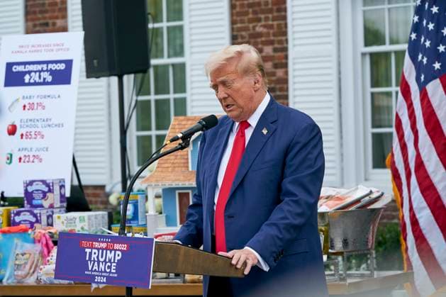 Former US President Donald Trump speaks during a press conference at Trump National Golf Club in Bedminster, New Jersey on Thursday, August 15, 2024. The former president s family business is seeking to build residences and retail inside the Trump National Doral Miami resort, according to documents posted on a City of Doral website.  WAX20240815255 BingxGuan