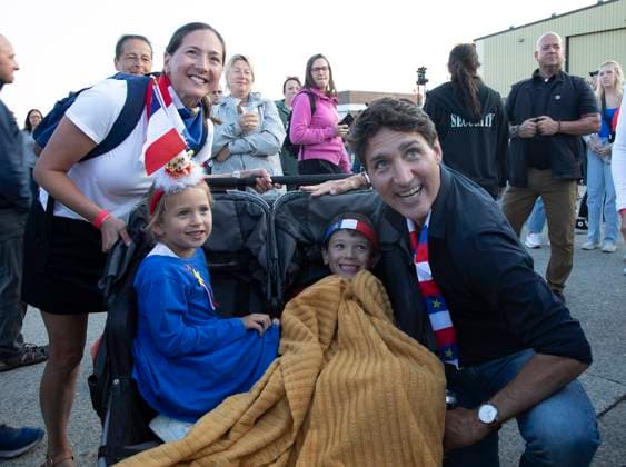August 15, 2024, Yarmouth, Ns, Canada: Prime Minister Justin Trudeau poses for a photo while walking in the crowd prior to the National Acadian Day concert at the airport in Yarmouth, N.S., on Thursday, August 15, 2024. Yarmouth Canada  - ZUMAc35_ 20240815_zaf_c35_068 Copyright: xRonxWardx