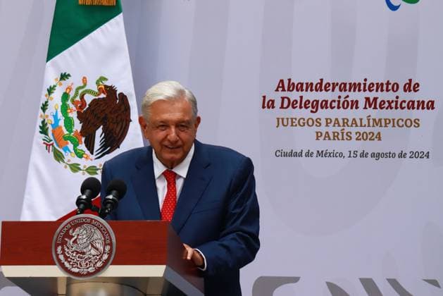 Flag-Bearing Ceremony for the Mexican Paralympic athletes to Paralympic Games Paris 2024 Mexican President, Andres Manuel Lopez Obrador speaking during the flag-bearing ceremony for the Mexican Paralympic athletes that will participate in Paralympic Games Paris 2024, at the National Palace. on August 15, 2024 in Mexico City, Mexico. (Photo by Carlos Santiago Eyepix Group) Copyright: xCarlosxSantiago xEyepixxGroupx CS_15082024_127672
