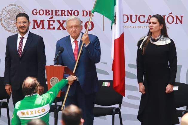 Flag-Bearing Ceremony for the Mexican Paralympic athletes to Paralympic Games Paris 2024 (L-R) Mexico City Head of Government Marti Batres, Mexican President Andres Manuel Lopez Obrador and Director of the National Commission for Physical Culture and Sport of Mexico (CONADE) Ana Gabriela Guevara during the flag-bearing ceremony for the Mexican Paralympic athletes that will participate in Paralympic Games Paris 2024, at the National Palace. on August 15, 2024 in Mexico City, Mexico. (Photo by Carlos Santiago Eyepix Group) Copyright: xCarlosxSantiago xEyepixxGroupx CS_15082024_127681