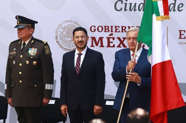 Flag-Bearing Ceremony for the Mexican Paralympic athletes to Paralympic Games Paris 2024 (L-R) Minister of Mexican Army Luis Cresencio Sandoval, Mexico City Head of Government Marti Batres and Mexican President Andres Manuel Lopez Obrador during the flag-bearing ceremony for the Mexican Paralympic athletes that will participate in Paralympic Games Paris 2024, at the National Palace. on August 15, 2024 in Mexico City, Mexico. (Photo by Carlos Santiago Eyepix Group) Copyright: xCarlosxSantiago xEyepixxGroupx CS_15082024_127683