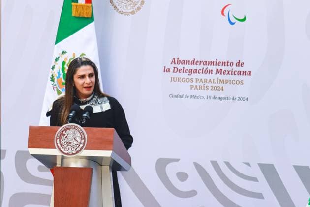 Flag-Bearing Ceremony for the Mexican Paralympic athletes to Paralympic Games Paris 2024 Director of the National Commission for Physical Culture and Sport of Mexico (CONADE) Ana Gabriela Guevara speaking during the flag-bearing ceremony for the Mexican Paralympic athletes that will participate in Paralympic Games Paris 2024, at the National Palace. on August 15, 2024 in Mexico City, Mexico. Mexico City CDMX Mexico Copyright: xCarlosxSantiagox
