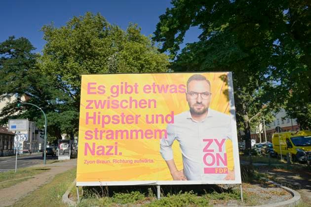 Zyon Braun, FDP, Wahlplakat zur Landtagswahl in Brandenburg am 22.09.2024, Potsdam, Brandenburg, Deutschland *** Zyon Braun, FDP, election poster for the state election in Brandenburg on 22 09 2024, Potsdam, Brandenburg, Germany