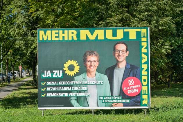Antje Töpfer und Benjamin Raschke, Die Grünen, Wahlplakat zur Landtagswahl in Brandenburg am 22.09.2024, Potsdam, Brandenburg, Deutschland *** Antje Töpfer and Benjamin Raschke, The Greens, Election poster for the state election in Brandenburg on 22 09 2024, Potsdam, Brandenburg, Germany