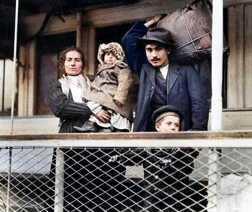 Italian immigrant family on ferry, leaving Ellis Island, New York City, New York, USA, Lewis Wickes Hine, 1905 (Colorized)  Copyright: xCircaxImagesx ghi-circa12688