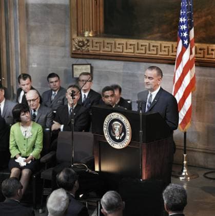 August 6, 1965, Washington, District Of Columbia, USA: U.S. President Lyndon Johnson delivering remarks from behind podium during signing ceremony for the Voting Rights Act, Luci Johnson seated left, Rotunda, U.S. Capitol, Washington, D.C., USA, Yoichi Okamoto, August 6, 1965 Washington USA  - ZUMAg145 19650806_aza_g145_001 Copyright: xJTxVintagex
