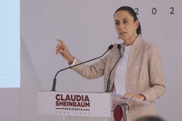 Incoming President of Mexico, Claudia Sheinbaum Pardo speaking during a briefing conference to announce that Tatiana Clouthier is going to the Institute of Mexicans Abroad and Mario Delgado for the election process of the new president of Morena, prior to the change of sexennium. Mexico City Mexico - ZUMAe321 20240820_zia_e321_023 Copyright: xIanxRoblesx