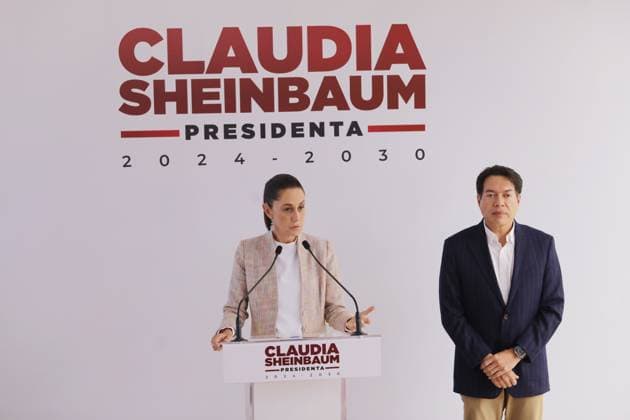 Incoming President of Mexico, Claudia Sheinbaum Pardo accompanied by Mario Delgado (R) speaking during a briefing conference to announce that Tatiana Clouthier is going to the Institute of Mexicans Abroad and Mario Delgado for the election process of the new president of Morena, prior to the change of sexennium. on August 20, 2024 in Mexico City, Mexico. Mexico City Mexico - ZUMAe321 20240820_zia_e321_028 Copyright: xIanxRoblesx