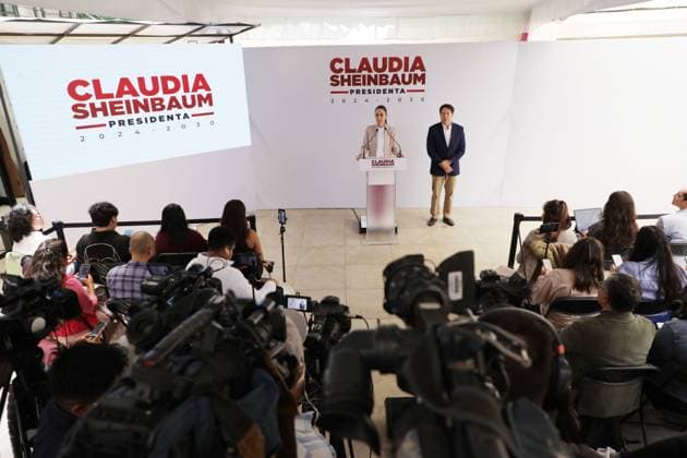 Incoming President of Mexico, Claudia Sheinbaum Pardo accompanied by Mario Delgado (R) speaking during a briefing conference to announce that Tatiana Clouthier is going to the Institute of Mexicans Abroad and Mario Delgado for the election process of the new president of Morena, prior to the change of sexennium. on August 20, 2024 in Mexico City, Mexico. Mexico City Mexico - ZUMAe321 20240820_zia_e321_030 Copyright: xIanxRoblesx