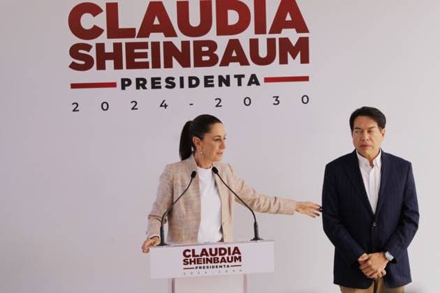 Incoming President of Mexico, Claudia Sheinbaum Pardo accompanied by Mario Delgado (R) speaking during a briefing conference to announce that Tatiana Clouthier is going to the Institute of Mexicans Abroad and Mario Delgado for the election process of the new president of Morena, prior to the change of sexennium. on August 20, 2024 in Mexico City, Mexico. Mexico City Mexico - ZUMAe321 20240820_zia_e321_031 Copyright: xIanxRoblesx