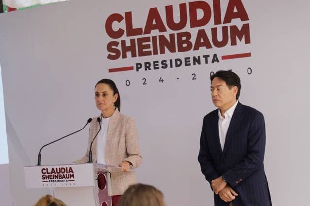 Incoming President of Mexico, Claudia Sheinbaum Pardo accompanied by Mario Delgado (R) speaking during a briefing conference to announce that Tatiana Clouthier is going to the Institute of Mexicans Abroad and Mario Delgado for the election process of the new president of Morena, prior to the change of sexennium. on August 20, 2024 in Mexico City, Mexico. Mexico City Mexico - ZUMAe321 20240820_zia_e321_039 Copyright: xIanxRoblesx