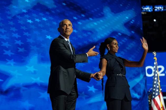 Former US President Barack Obama and Former First Lady Michelle Obama on stage at the 2024 Democratic National Convention in Chicago, Illinois, USA, at the United Center on Tuesday, August 20, 2024. Copyright: xAnnabellexGordonx xCNPx MediaPunchx