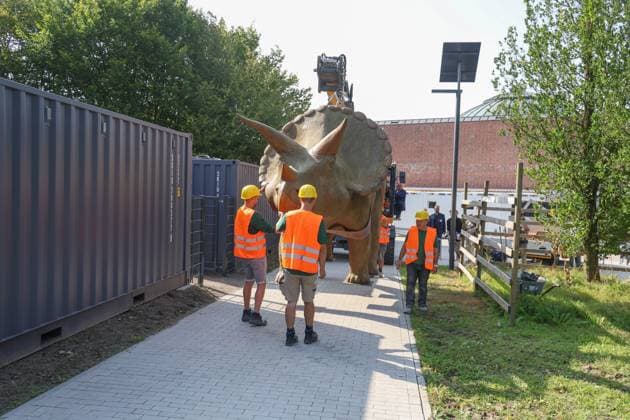 When heavy dinosaurs fly Models moved in front of the LWL Museum of Natural History Landmarks of the museum mark the new museum entrance The LWL Museum of Natural History is getting an extension on the museum forecourt For the duration of the construction work, the dinosaurs mark the new, temporary entrance to the museum Münster, North Rhine-Westphalia, DEU, German