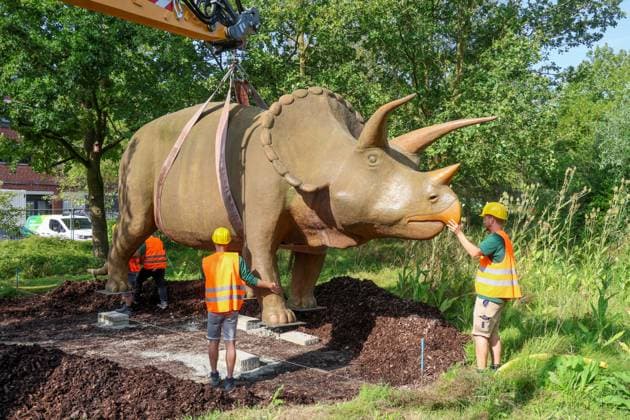 When heavy dinosaurs fly Models moved in front of the LWL Museum of Natural History Landmarks of the museum mark the new museum entrance The LWL Museum of Natural History is getting an extension on the museum forecourt For the duration of the construction work, the dinosaurs mark the new, temporary entrance to the museum Münster, North Rhine-Westphalia, DEU, German