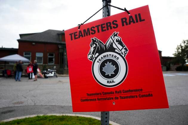 August 22, 2024, Smiths Falls, Ontario, Canada: A Teamsters Rail sign hangs on a post as union members picket at a Canadian Pacific Kansas City (CPKC) rail yard in Smiths Falls, Ont., on Thursday, Aug. 22, 2024. In the culmination of months of increasingly bitter negotiations, Canadian National Railway Co. and Canadian Pacific Kansas City Ltd. locked out 9,300 engineers, conductors and yard workers after the parties failed to agree on a new contract before the midnight deadline. Smiths Falls Canada - ZUMAc35_ 20240822_zaf_c35_024 Copyright: xSeanxKilpatrickx