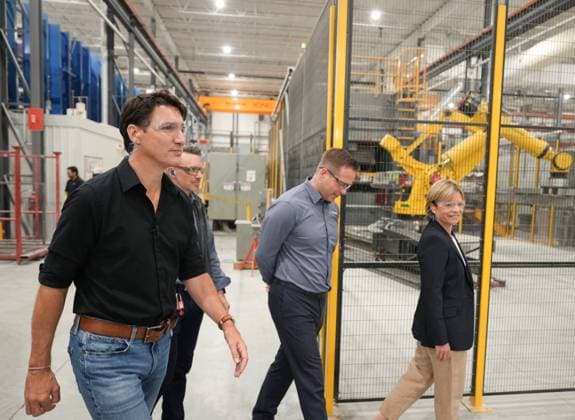 August 22, 2024, Sherbrooke, Pq, CANADA: Prime Minister Justin Trudeau, left, tours Verbom, a sheet metal processing company for the automotive and recreational vehicle industry in Sherbrooke, Que., Thursday, Aug. 22, 2024. Sherbrooke CANADA - ZUMAc35_ 20240822_zaf_c35_061 Copyright: xChristinnexMuschix