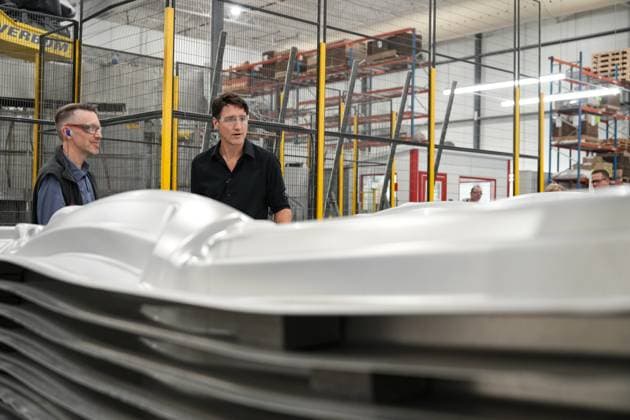 August 22, 2024, Sherbrooke, Pq, CANADA: Prime Minister Justin Trudeau, right, tours Verbom, a sheet metal processing company for the automotive and recreational vehicle industry with vice president and CTO Nicolas Bombardier in Sherbrooke, Que., Thursday, Aug. 22, 2024. Sherbrooke CANADA - ZUMAc35_ 20240822_zaf_c35_062 Copyright: xChristinnexMuschix