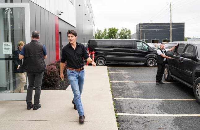 August 22, 2024, Sherbrooke, Pq, CANADA: Prime Minister Justin Trudeau, speaks to the media regarding the rail lockouts following a tour of Verbom, a sheet metal processing company for the automotive and recreational vehicle industry in Sherbrooke, Que., Thursday, Aug. 22, 2024. Sherbrooke CANADA - ZUMAc35_ 20240822_zaf_c35_067 Copyright: xChristinnexMuschix
