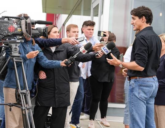 August 22, 2024, Sherbrooke, Pq, CANADA: Prime Minister Justin Trudeau, speaks to the media regarding the rail lockouts following a tour of Verbom, a sheet metal processing company for the automotive and recreational vehicle industry in Sherbrooke, Que., Thursday, Aug. 22, 2024. Sherbrooke CANADA - ZUMAc35_ 20240822_zaf_c35_068 Copyright: xChristinnexMuschix