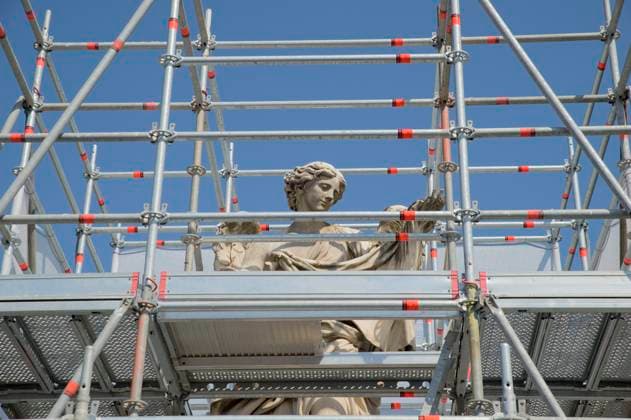 August 21, 2024, Rome, Italy: One of the statues on Ponte Sant Angelo surrounded by scaffolding to allow for its restoration in Rome.Restoration activities on the Statues of Ponte SantÃ¢â‚¬â ¢Angelo have begun in Rome with the aim of preserving and protecting the monuments by disinfecting surfaces, removing unwanted deposits, cleaning, sealing cracks, replacing damaged parts, and applying protective products. Rome Italy - ZUMAv147 20240821_zip_v147_012 Copyright: xMarcelloxValerix