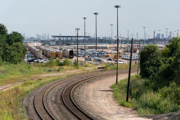 August 22, 2024, Vaughan, On, Canada: The CN MacMillan Yard is shown as Canadian National Railway and Canadian Pacific Kansas City locked out their workers after talks broke down with the union in Vaughan, Thursday, Aug. 22, 2024. Vaughan Canada  - ZUMAc35_ 20240822_zaf_c35_265 Copyright: xPaigexTaylorxWhitex