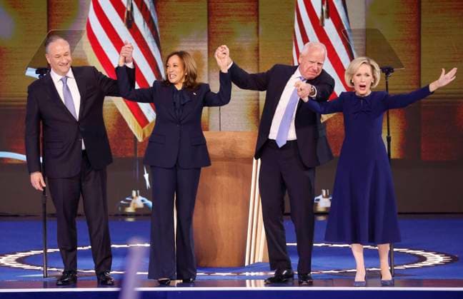 Democratic presidential candidate Vice President Kamala Harris and Second Gentleman Doug Emhoff are joined by.Democratic vice presidential candidate Minnesota Gov. Tim Walz and his wife Gwen Walz at the 2024 Democratic National Convention at the United Center in Chicago, Illinois on Thursday, August 22, 2024. The theme for the final day is For Our Future .  CHI2024082230 TANNENxMAURY