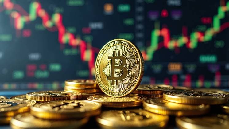Closeup golden coin with bitcoin logo, graphs and symbols. Concept of cryptocurrency trading on stock market and blockchain technology. Decentralized digital currency. Crypto payment. Electronic money Concept of cryptocurrency trading on stock market and blockchain technology. Closeup golden coin with bitcoin logo, graphs and symbols. Decentralized digital currency. Crypto payment. Electronic money Copyright: xZoonar.com YevheniixPodshyvalovx 22077283