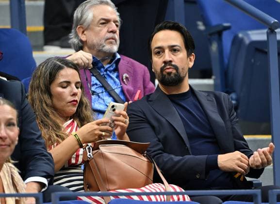 FLUSHING NY- AUGUST 26: Lin-Manuel Miranda and Vanessa Nadal are seen watching Sloane Stephens Vs Clara Burel on Arthur Ashe Stadium at the USTA Billie Jean King National Tennis Center on August 26, 2024 in Flushing Queens. Copyright: xmpi04x