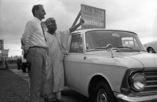 Soviet-Nigerian firm Waateco 8752235 28.11.1969 Federal Republic of Nigeria. Soviet-Nigerian firm Waateco for selling Soviet cars in Nigeria. General Director of Waateco Devi Dargiev (left) and President of the Vaateco company G. Durochard in front of a Soviet Moskvich car. R. Rozhin Lagos Nigeria  Copyright: xR.xRozhinx