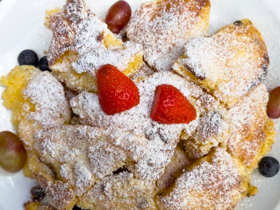 A Kaiserschmarrn, a bavarian, austrian speciality is served at mountain hut Raaz Alpe in Reutte, Austria on Jun 18, 2024.