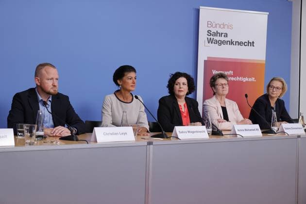 Christian Leye BSW, Secretary General, Sahra Wagenknecht, Amira Mohamed Ali, BSW party chairwoman, Sabine Zimmermann, top candidate and state chairwoman of the BSW in Saxony, Katja Wolf, BSW top candidate in the state elections in Thuringia, Germany, Berlin, Press conference Alliance Sahra Wagenknecht on the results of the state elections in Saxony and Thuringia