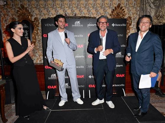 Venice, 81st Venice Film Festival 2024 -. Ciak Award. In the photo: Selene Caramazza, Pietro Castellitto, Sergio Castellitto and Flavio Natalia  Copyright: xManuelexMangiarottix xipa-agencyx xPoolxPhotoxEventsx04x IPA_Agency_IPA49388094