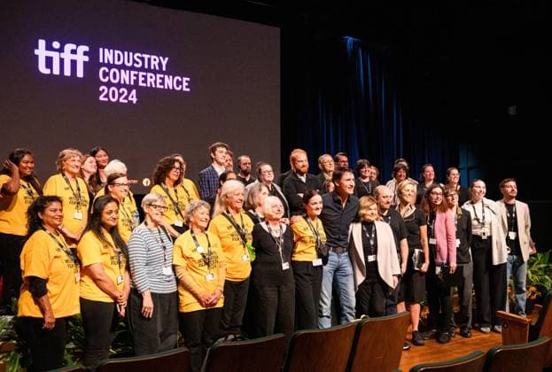 September 6, 2024, Toronto, On, Canada: Prime Minister Justin Trudeau takes a group photo with Toronto International Film Festival staff and volunteers at the CBC building in Toronto on Friday, September 6, 2024. Toronto Canada  - ZUMAc35_ 20240906_zaf_c35_022 Copyright: xLauraxProctorx