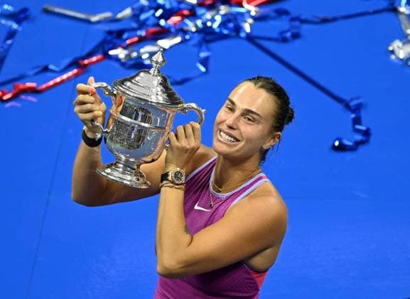 FLUSHING NY- SEPTEMBER 07: **NO NY NEWSPAPERS** Aryna Sabalenka poses with the championship trophy after defeating Jessica Pegula during the 2024 US Open women™s singles final on Arthur Ashe Stadium at the USTA Billie Jean King National Tennis Center on September 7, 2024 in Flushing Queens. Copyright: xmpi04x