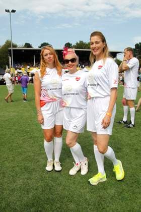 Esther Roling, Belle la Donna and Julia Stinshoff at the Kicken mit Herz charity football match for the benefit of the childrens heart ward at Eppendorf University Hospital on 8 September 2024 in Hamburg Kicken mit Herz 2024 charity event in Hamburg