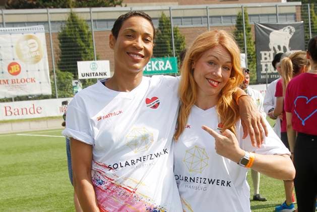 Annabelle Mandeng and Esther Roling at the Kicken mit Herz charity football match for the benefit of the childrens heart ward at Eppendorf University Hospital on 8 September 2024 in Hamburg Kicken mit Herz 2024 charity event in Hamburg