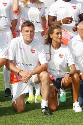 Thomas Helmer and Yasmina Filali at the Kicken mit Herz charity football match for the benefit of the childrens heart ward at Eppendorf University Hospital on 8 September 2024 in Hamburg Kicken mit Herz 2024 charity event in Hamburg