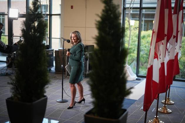 September 10, 2024, Nanaimo, Bc, CANADA: Deputy Prime Minister and Minister of Finance Chrystia Freeland steps away from the microphone after speaking to reporters at the Liberal caucus retreat in Nanaimo, B.C., on Tuesday, September 10, 2024. Nanaimo CANADA  - ZUMAc35_ 20240910_zaf_c35_024 Copyright: xDarrylxDyckx