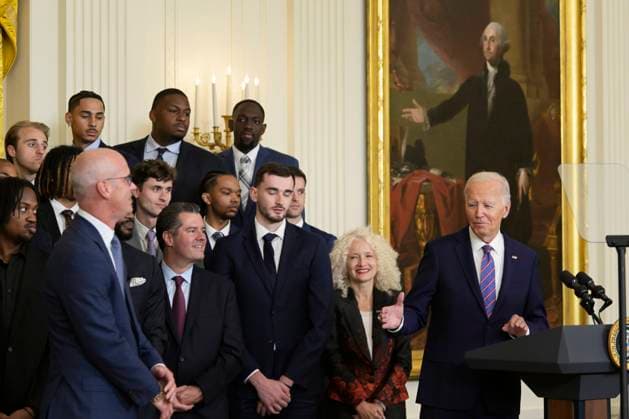 DC: President Biden hold a Huskies Men™s Basketball Team celebration US President Joe Biden delivers remarks and welcomes the University of Connecticut Huskies Men s Basketball Team to the White House to celebrate their 2023-2024 NCAA championship season in the East Room of the White House in Washington, DC, USA, on September 10, 2024. WASHINGTON DC USA  Copyright: xLeninxNollyx originalFilename: nollyaraujo-dcpresid240910_npxKx.jpg