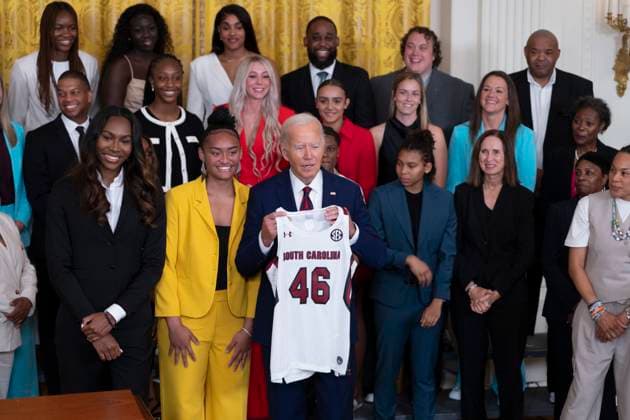 September 10, 2024, Washington, District Of Columbia, USA: United States President Joe Biden displays a team jersey presented at a celebration for the University of South Carolina Gamecocks Women™s Basketball Team at the White House in Washington, DC to celebrate their 2023-2024 NCAA championship season at the September 10, 2024 Washington USA - ZUMAs152 20240910_faa_s152_086 Copyright: xChrisxKleponisx
