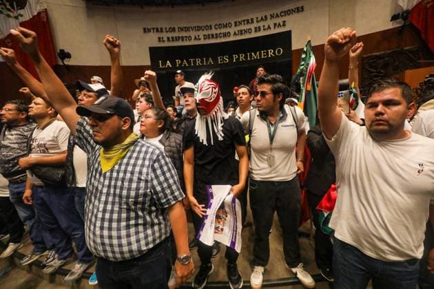 Judiciary workers join a demonstration to protest against controversial Mexican President Andres Manuel Lopez Obrador s Judicial Reform inside the former Senate headquarters in Xicoto ncatl. Mexico City Mexico - ZUMAe321 20240910_zia_e321_020 Copyright: xIanxRoblesx