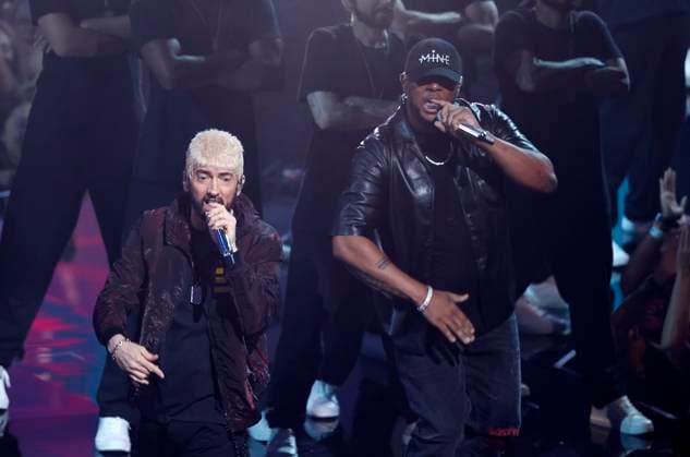 Eminem performs on stage during the 2024 MTV Video Music Awards VMA s at the UBS Arena in Elmont, New York on Wednesday, September 11, 2024.  NYP20240911163 JohnxAngelillo