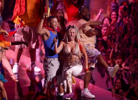 Karol G peforms on stage at the 2024 MTV Video Music Awards VMA s at the UBS Arena in Elmont, New York on Wednesday, September 11, 2024.  NYP20240911176 JohnxAngelillo