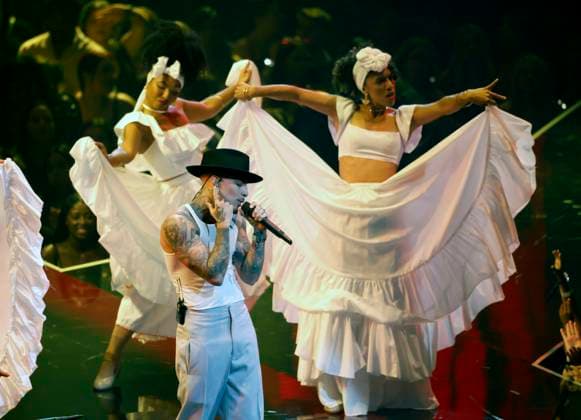 Rauw Alejandro performs on stage at the 2024 MTV Video Music Awards VMA s at the UBS Arena in Elmont, New York on Wednesday, September 11, 2024.  NYP20240911237 JohnxAngelillo