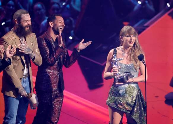 Taylor Swift accepts the Video of the Year award (Presented by Burger King) for Fortnight on stage at the 2024 MTV Video Music Awards VMA s at the UBS Arena in Elmont, New York on Wednesday, September 11, 2024.  NYP20240911249 JohnxAngelillo