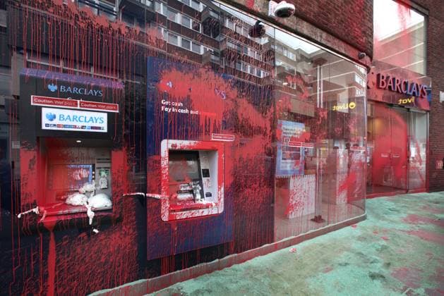 Bilder des Jahres 2024, News 09 September News Themen der Woche KW37 News Bilder des Tages September 12, 2024, London, England, UK: The exterior of the Hammersmith branch is left covered in red paint, the cash machines filled with expanding foam. Palestine Action target Barclays Bank branches for the second time in three months, smashing their windows and spraying the outside of their branches with paint. Palestine action are targeting Barclays again because of their continued investments in Israeli arms company Elbit Systems. London UK - ZUMAmp3_ 20240912_zip_mp3_004 Copyright: xMartinxPopex