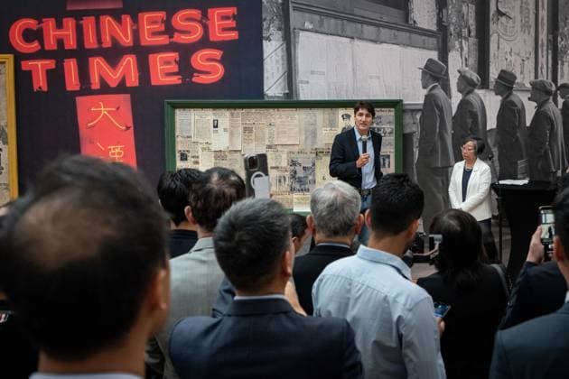September 12, 2024, Vancouver, Bc, CANADA: Prime Minister Justin Trudeau pauses as he speaks to guests along side museum Board Chair, Grace Wong, after a tour of the Chinese Canadian Museum in Vancouver, on Thursday, September 12, 2024. Vancouver CANADA  - ZUMAc35_ 20240912_zaf_c35_042 Copyright: xEthanxCairnsx